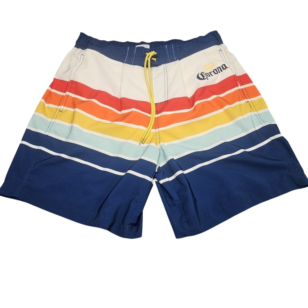 Corona Swim Trunks Mens XL Blue Multicolor Striped Board Shorts Beachwear